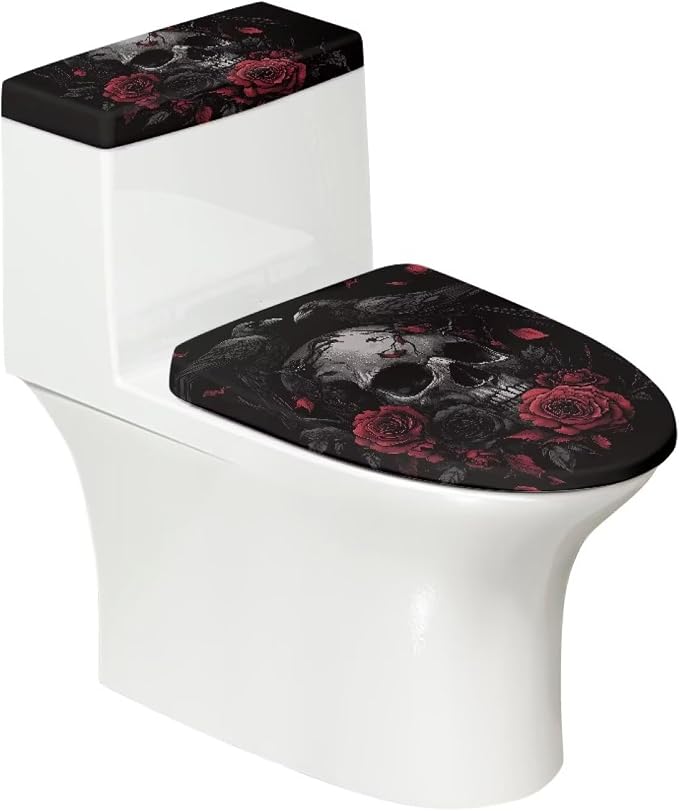 Skull Toilet Seat Cover Gothic Toilet Lid Cover & Tank Cover Set 2Pcs Dustproof Durable Universal Fit for Round Oval Elongated Toilets,Machine Washable