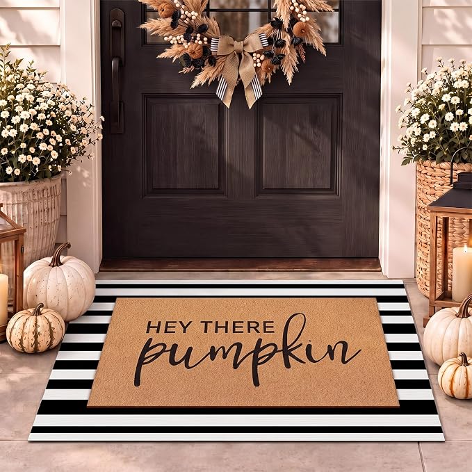 Drydiet 2 Pcs Fall Thanksgiving Door Mat Set, Stripe, Medium, Black