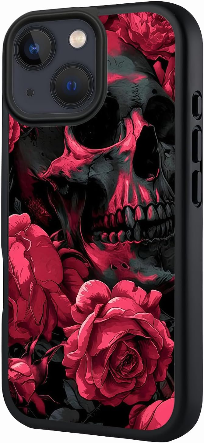 for iPhone 14 Case 6.1 inch Red Rose Skull Art, Compatible with MagSafe, Matte Semi Transparent, Bold Edgy, Gothic Fans, Daily Gift - Skull phone case