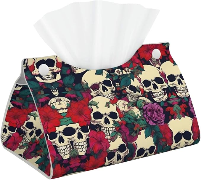 Floral Skulls Print Long Tissue Box Cover â€“ Foldable Leather Tissue Holder for Vanity, Night Stand, Bathroom & Office - skull toilet paper
