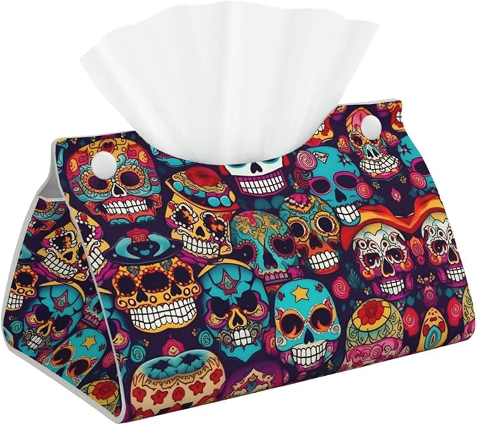Sugar Skulls Print Long Tissue Box Cover â€“ Foldable Leather Tissue Holder for Vanity, Night Stand, Bathroom & Office - skull toilet paper