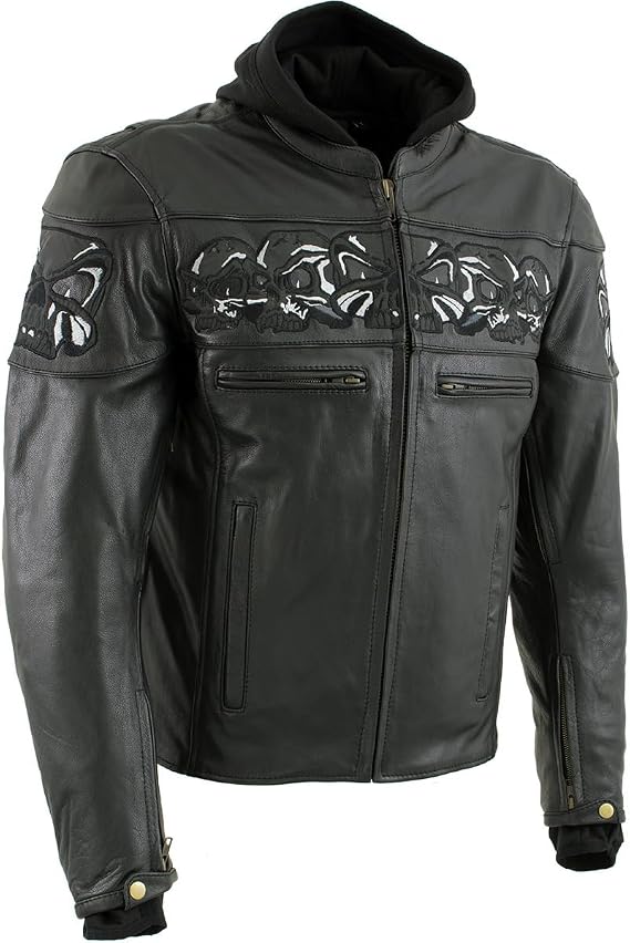 Milwaukee Leather Men's Futile CE Armored Leather Motorcycle Jacket w/Hoodie Liner, Reflective Skull - LKM17016 - skull jacket