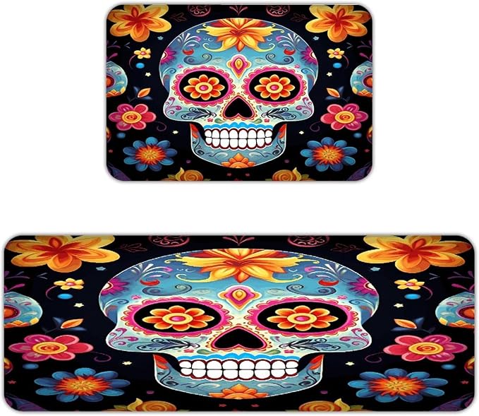 Sugar Skulls Kitchen Mat Set of 2 Ergonomic Comfort Velvet Rugs Cushioned Anti-Fatigue Non-Slip Standing Mats Thick Kitchen Floor Mat Carpet Runner Rugs 16"×24"+17"×47" - skull carpet