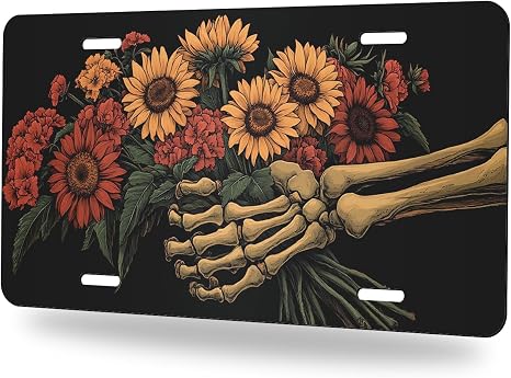 Skull Front License Plate Floral Skeleton Hand Bouquet Gothic Boho Aluminum Decorative License Plates Funny Novelty Vanity Tag Cover 12×6 Inch Car Decor Accessory with 4 Holes for Men Women - skull plate