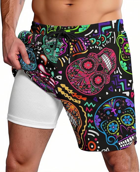 Mens Swim Trunks Funny Graphic Shorts Bathing Suit Quick Dry Board Shorts Summer Beach Rave Shorts with Mesh Lining - skull tshirt