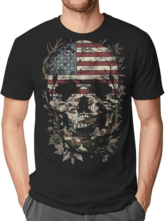 Men’s American Flag Camo Skull T-Shirt Patriotic Camouflage Skull Graphic Tee USA Shirt - skull tshirt