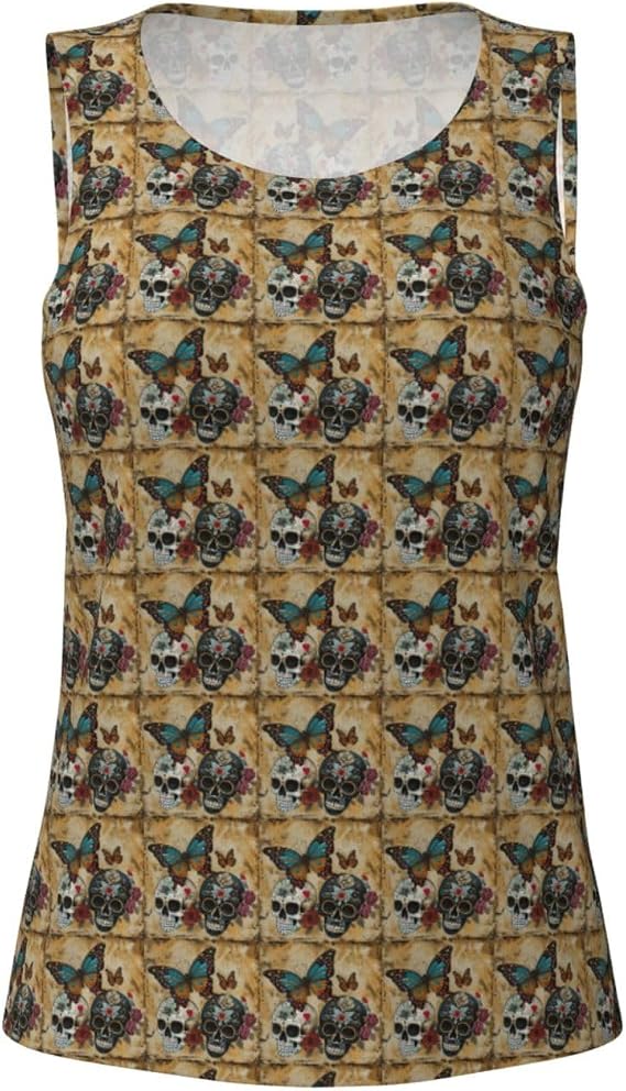 Sugar Skulls Butterfly Print Women's Workout Tank Top Summer Breathable Athletic Sleeveless Fitness Running - skull tank tops