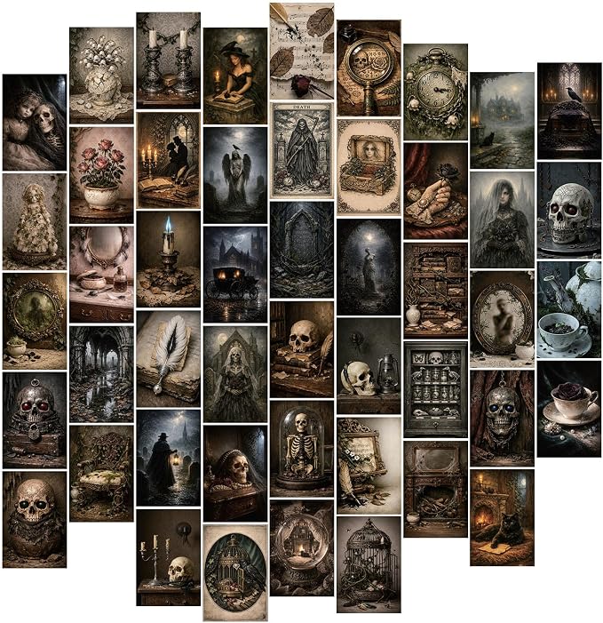 Tlenpo 48Pcs Gothic Decor Aesthetic, Vintage Witchy Wall Art Prints 4"×6" - skull wall art