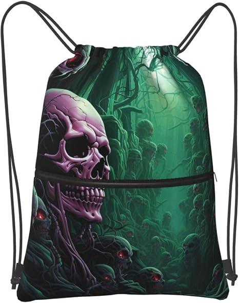 Drawstring Backpack Sports Gym Bags Skull Under Green Light Drawstring Bags for Men Women Beach Bag String Bag - string light