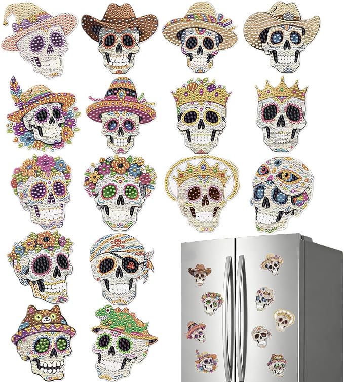 Skull Diamond Art Magnets Kit 16 PCS DIY Small Gem Painting for Adults - skull wreath
