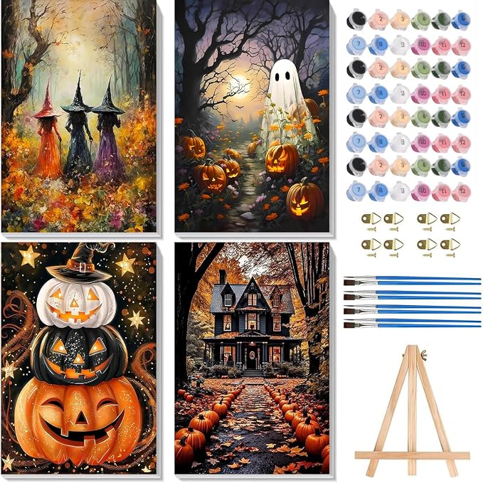 4 Pack Halloween Paint by Numbers for Adults with Framed Canvas 8x12inch