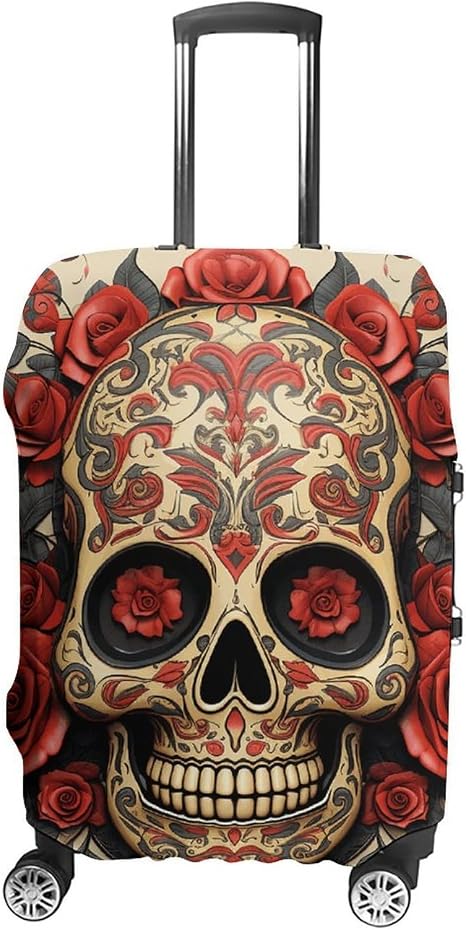 Red Rose Skull Travel Luggage Cover Anti-Scratch Elastic Suitcase Protector Print Baggage Sleeve Medium - skull suitcase