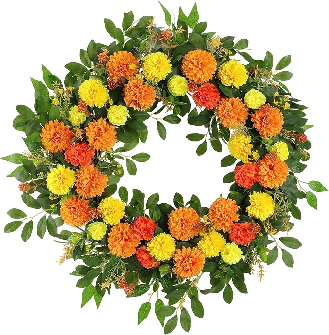 26" Large Fall Wreath for Front Door, Artificial Orange Yellow Marigold Floral Wreath with Green Leaves, Flower Wreath for Home, Rustic, Farmhouse, Indoor, Outdoor Décor - skull wreath