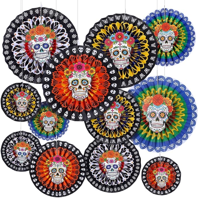 Affrolling 12 Pcs Sugar Skull Paper Fans Day of the Dead Decorations - sugar skull ornament