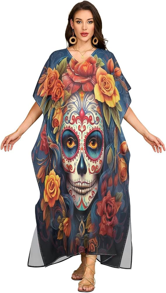 ALAZA Skull Head Flower Women Kaftan Dresses V-Neck Moo Moos Plus Size Beach Cover Ups, One Size - sugar skull dress