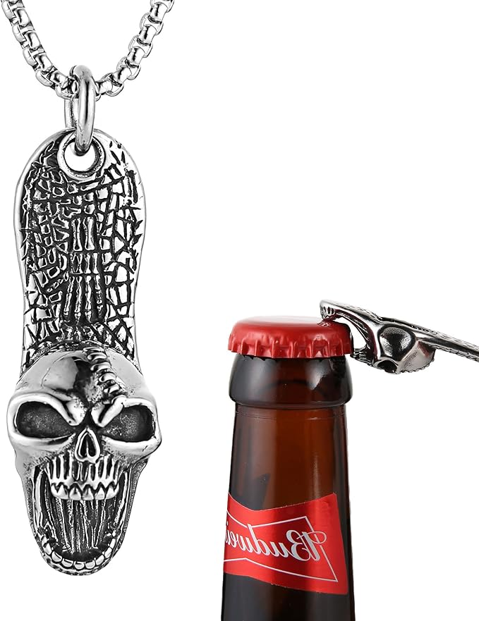 HZMAN Stainless Steel Skull Bottle Opener Necklace for Men, 22+2 Inch Adjustable Chain, Biker Motorcycle Tire Gothic Punk Hypoallergenic Waterproof Functional Jewelry - skull bottle