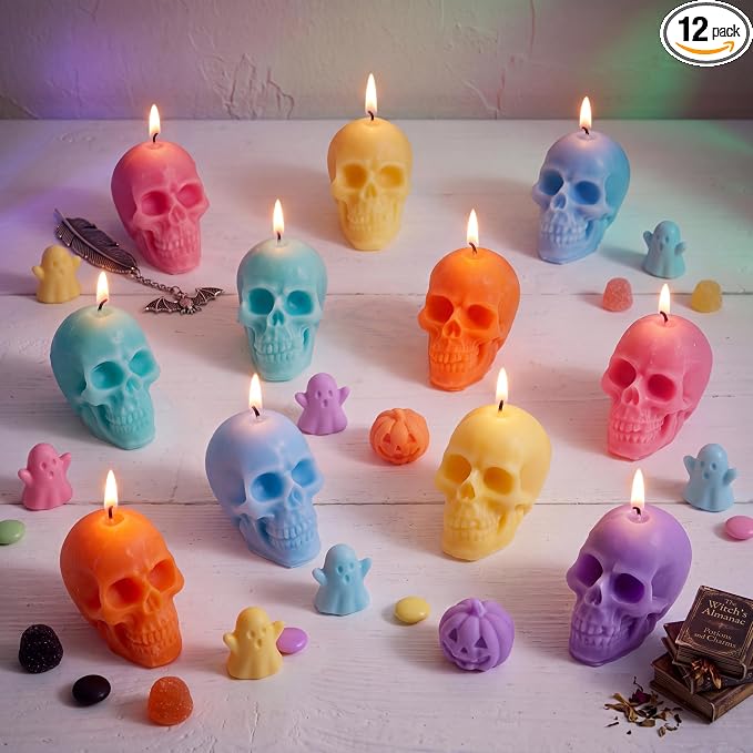 Pangda 12 Pcs Pastel Halloween Skull Candles Bulk Gothic Skeleton Candles - skull candle