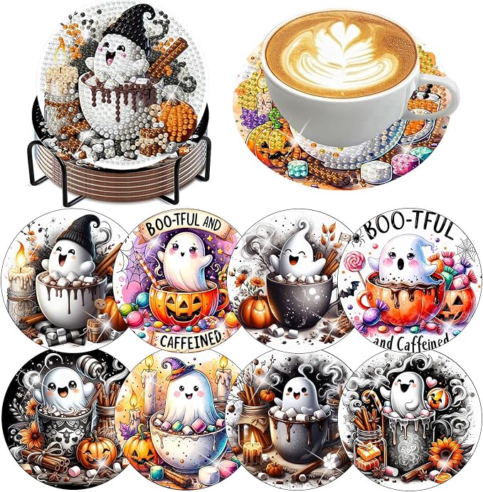 8 PCS Halloween Diamond Art Coasters Kits, Ghost Diamond Painting Coaster - skull coaster