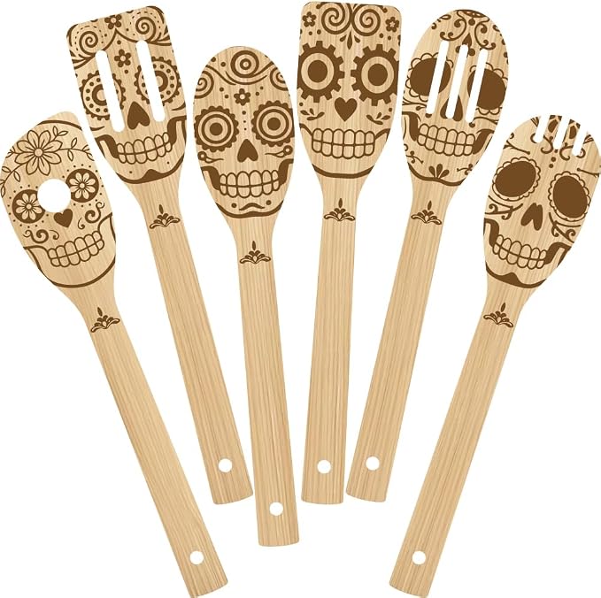 6Pcs 6 Styles Skull Cooking Utensils Set for Kitchen 2.4 x 11.8 Inch Bamboo Cooking Spoon Durable Day of the Dead Wooden Spoons for Halloween Housewarming Anniversary Birthday Gift Use - skull coaster
