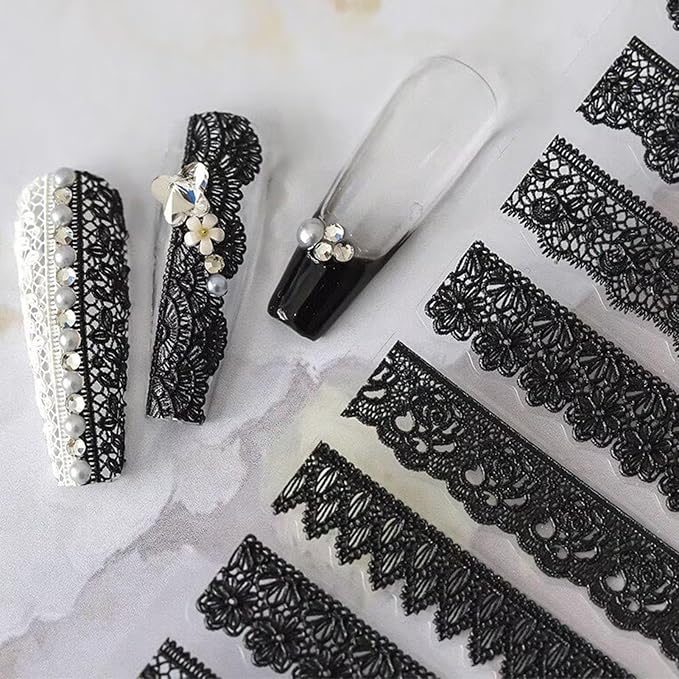 IDDFEVE 5D Embossed Black Lace Nail Stickers - Gothic Design for Textured Nail Art Decals, Self-Adhesive Mysterious Luxury Manicure Supplies for Women Girls DIY - skull sticker