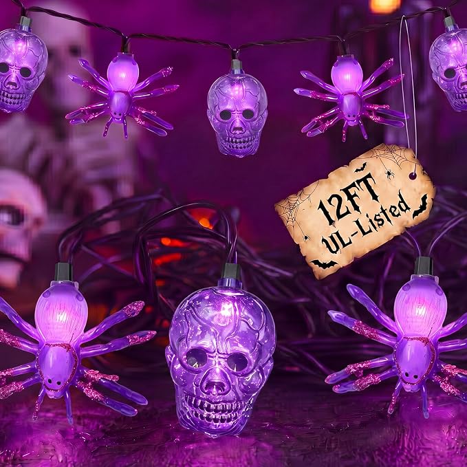 12FT Halloween Lights Outdoor, 20LED Skull Spider String Lights