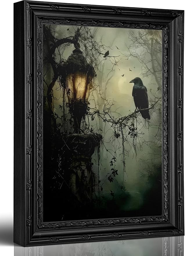 Framed Dark Academia Vintage Lantern Raven Canvas Wall Art 9x11in