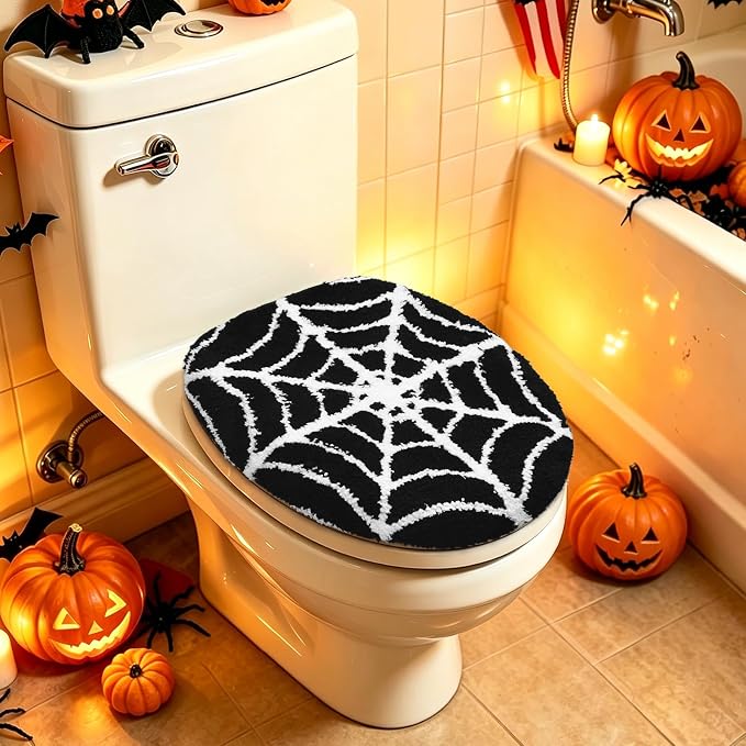 FYSUIMU Halloween Toilet Seat Cover Black White Spider Web Soft Toilet Lid Cover with Adjustable Rubber Backing for Bathroom Trick or Treat Holiday Party Decoration - skull toilet paper