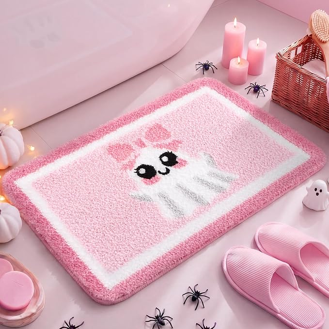 Boao Pink Ghost Halloween Bathroom Rug Pastel Ghost Bath Mat - skull toilet mat