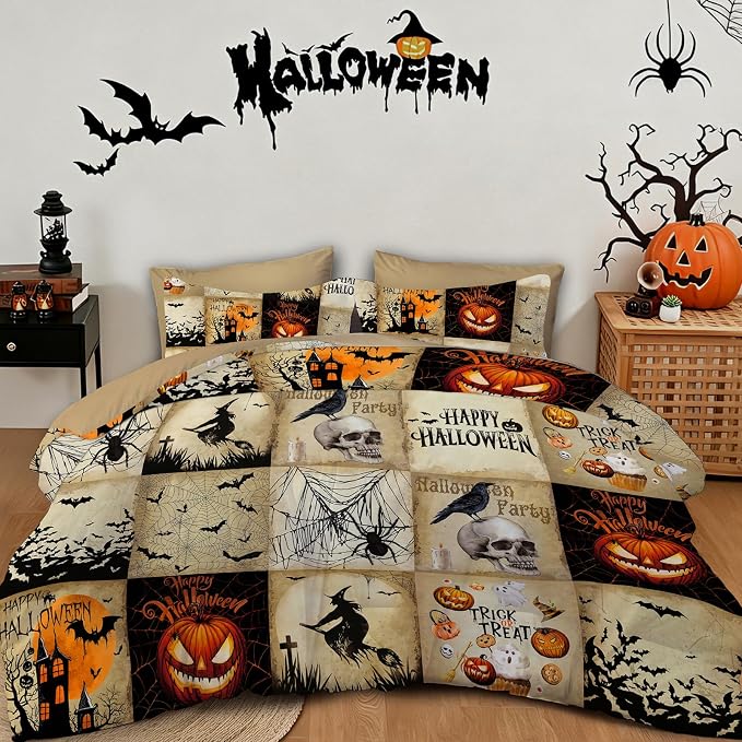 Luxudecor Halloween Comforter Set Queen, Brown Grid Patchwork Bedding Set
