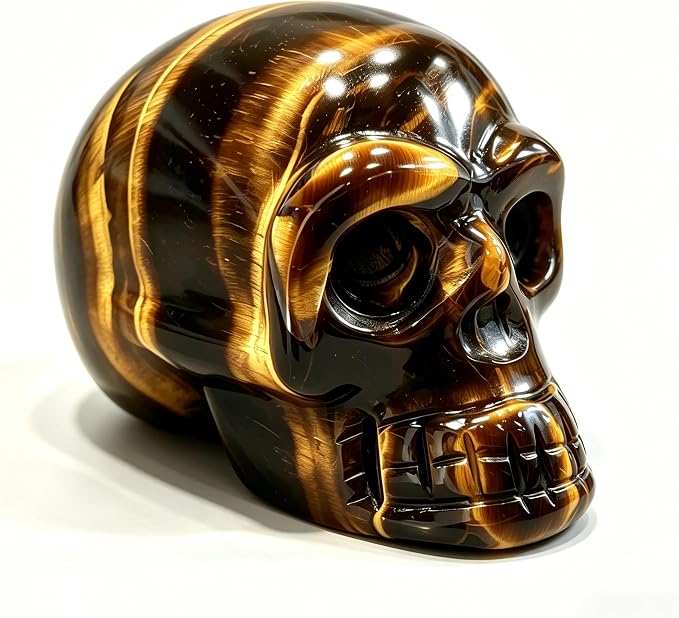 2 Inch Crystal Skull Handmade Carved Statue, Natural Stone Skull Figurine for Home Office Art Room Decoration, Reiki Healing Chakra Ornament (2-inch Skull Head Tiger's Eye) - skull figurine