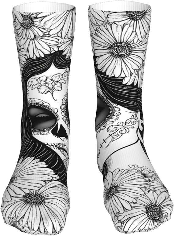 Floral Sugar Skull Portrait Printed Men’s Athletic Tube Socks, Calf Sports Socks 16 Inch - sugar skull costume