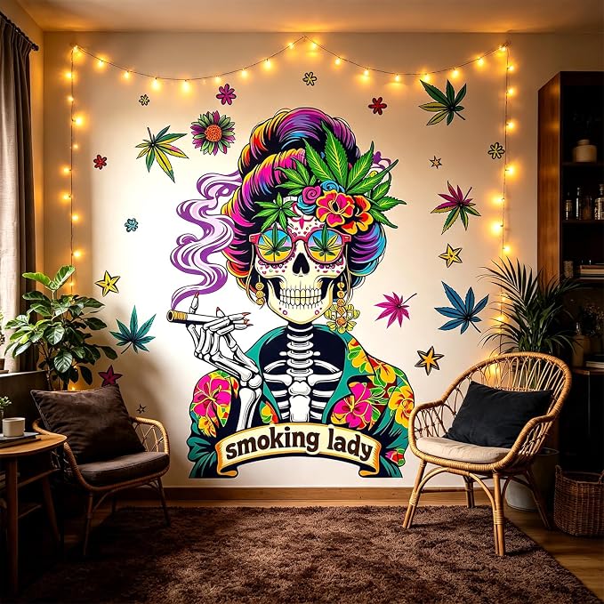 Sugar Skull Lady Wall Decals, Retro Leaves Floral Wall Stickers Decor Art - sugar skull ornament