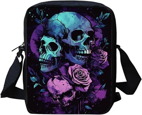 Gothic Skull Rose Crossbody Bag for Travel Black Womens Small Messenger Bag Lightweight Shoulder Satchel Pouch Canvas Purse Wallet Organizer - skull suitcase