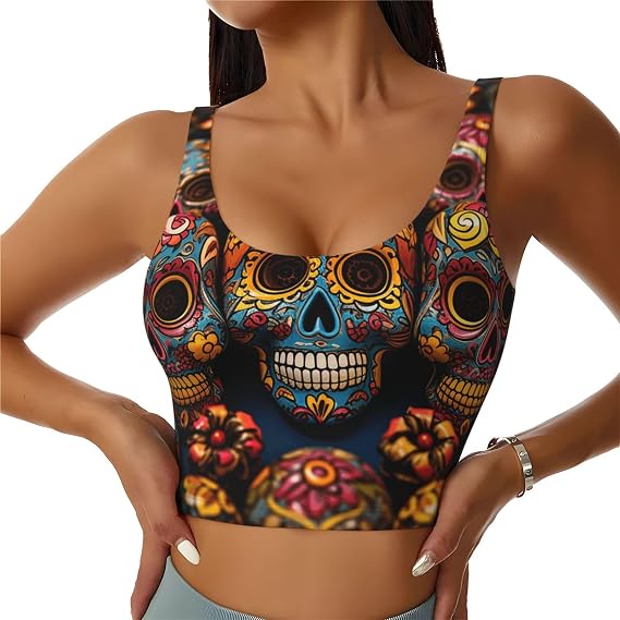 Colorful Sugar Skulls Sports Bra for Women Racerback Crop Workout Bras Padded Womens Tank Top for Yoga Gym Fitness - skull tank tops