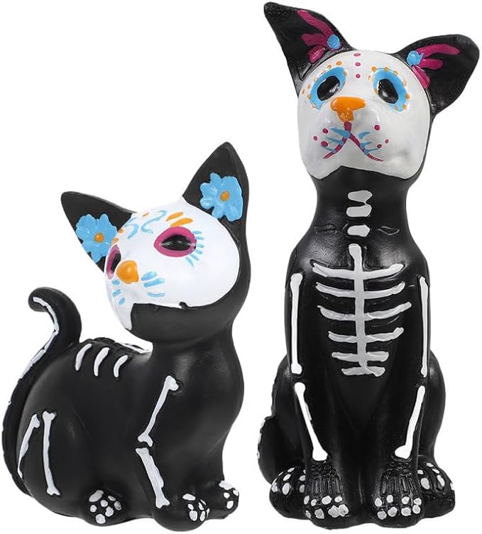 Garneck 2Pcs Halloween Cat & Dog Figurines Day of the Dead Skeleton Statues - sugar skull ornament