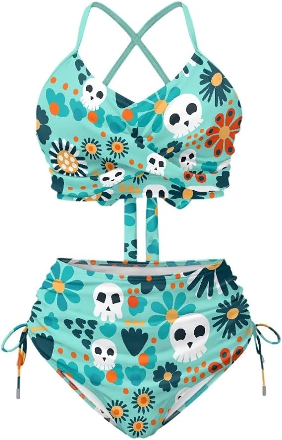 Trendy Bikini Sets for Women Tummy Control Swimsuits 2 Piece Halter Neck Bikini Top Tie Side Bottom XS-3XL - skull swimsuit