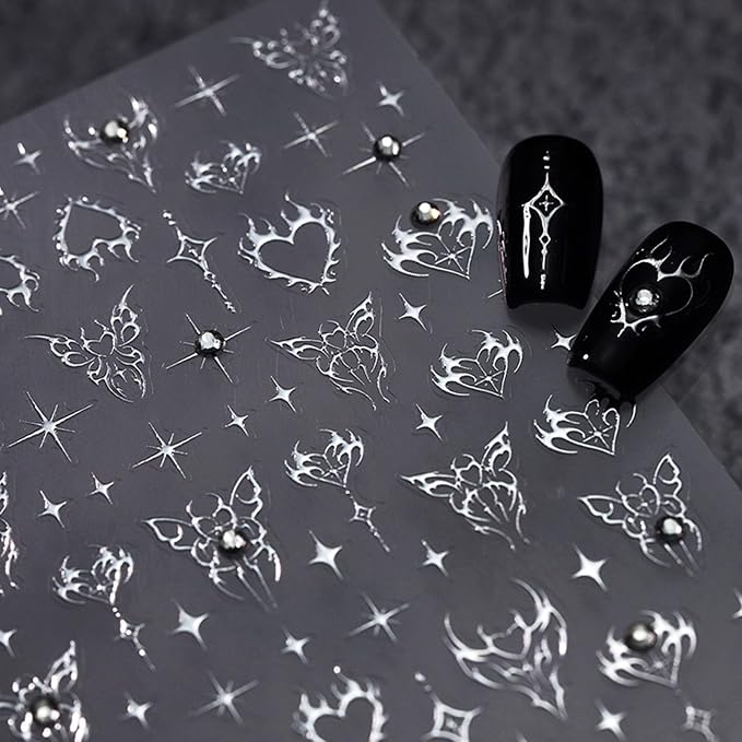 IDDFEVE Silver Nail Stickers - Rhinestone Studded Dark Thorn Heart Design Nail Art Decals, Self-Adhesive Crystal Diamond Gothic Cyber Punk Luxury Manicure Supplies for Women Girls DIY - skull sticker