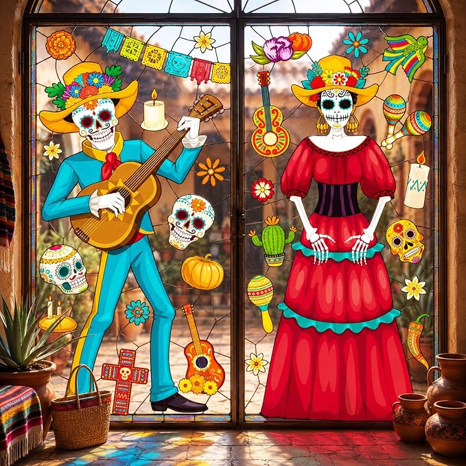 Ctosree 2 Sheets Extra Large Day of the Dead Window Clings, Mexican Decals - skull sticker