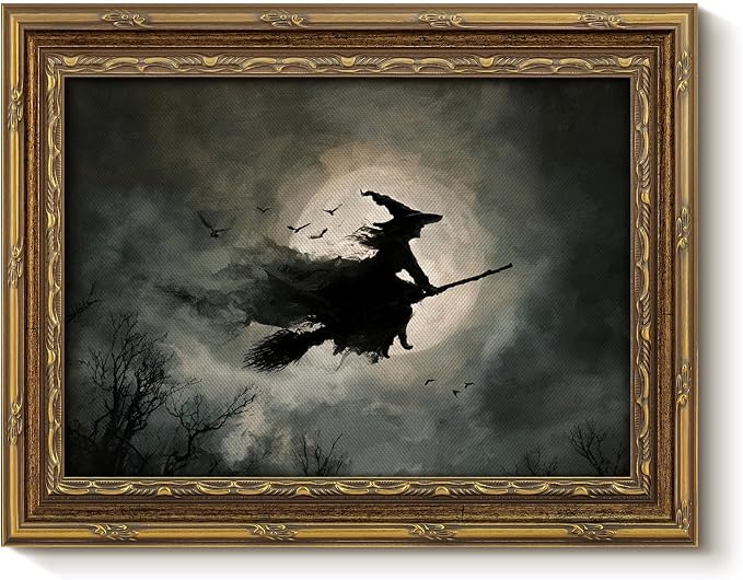 VIYYIEA Gold Framed Gothic Halloween Decor, Witch Moon Canvas Art, 8x10in