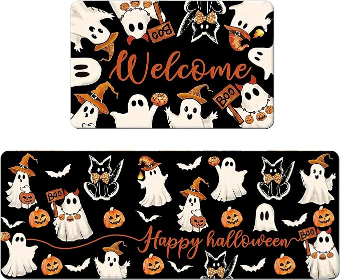 Halloween Kitchen Mats Set of 2 Ghost Black Cat Kitchen Rugs