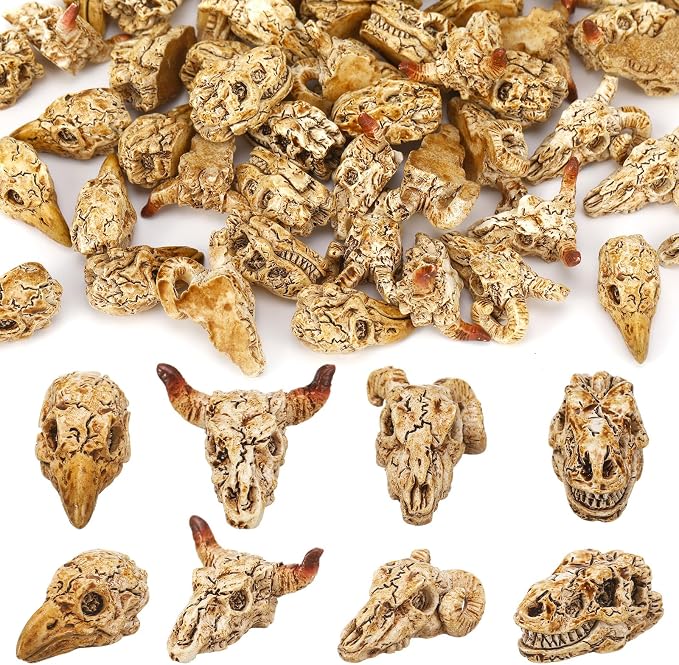 Geelin 60 Pcs Halloween Mini Resin Skulls Figurines Skeleton Party Favor - skull figurine