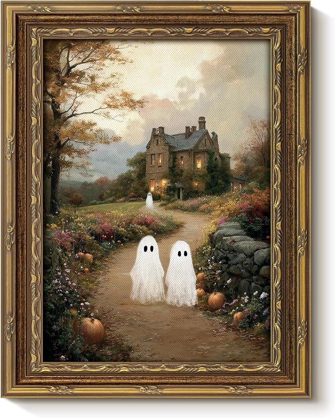 VIYYIEA Halloween Ghost Manor Framed Canvas Art, Spooky Wall Decor, 8x10in