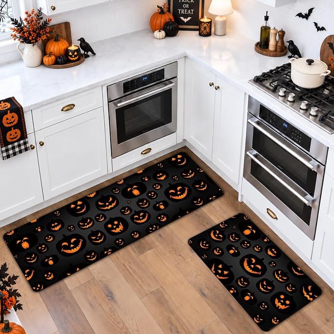 Halloween Kitchen Mats Set of 2 Evil Pumpkin Jack O Lantern Rugs - skull floor mat