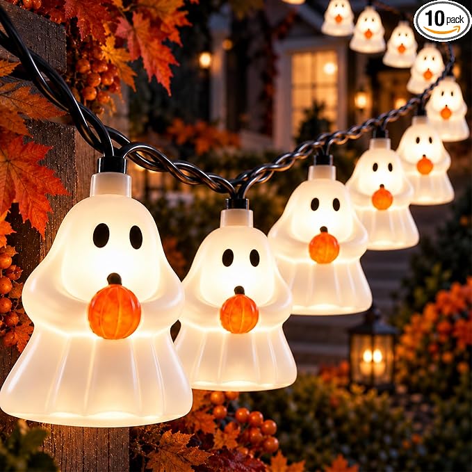 8.5FT Halloween LED Ghost String Lights Plug-In 10 White Ghosts Decor - string light