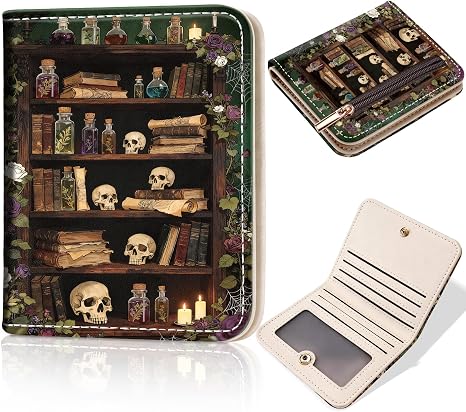 Toughergun Bookshelf Skull Gothic RFID Small Wallet Women, Slim Thin Vegan Leather Bifold Wallet with Zipper Coin Pocket & ID Window, Cute Mini Travel Credit Card Holder for Women Ladies Teen Girls - skull wallet
