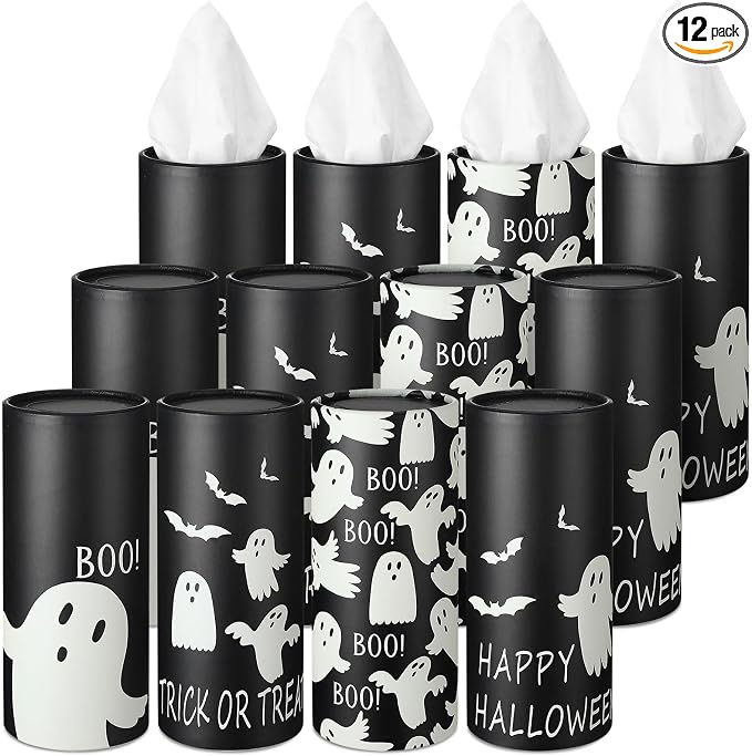Fourluoo 12 Pack Ghost Tissue Boxes for Car Cylinder Bulk Round Cylinder Holder with 3 Ply Facial Tissues for Halloween Travel Bathroom Office Decoration Supplies - skull toilet paper