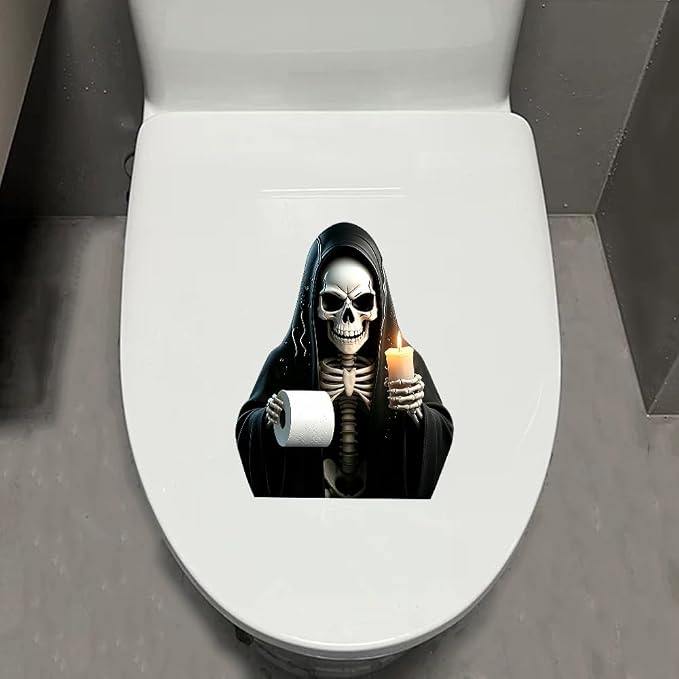 1pcs Funny Skull Crack Toilet Lid Decal, Self-Adhesive Halloween Skeleton Toilet Seat Cover Stickers, Horror Skull Waterproof Decal for Home Office Bathroom Wall Decor (Death) - skull toilet paper
