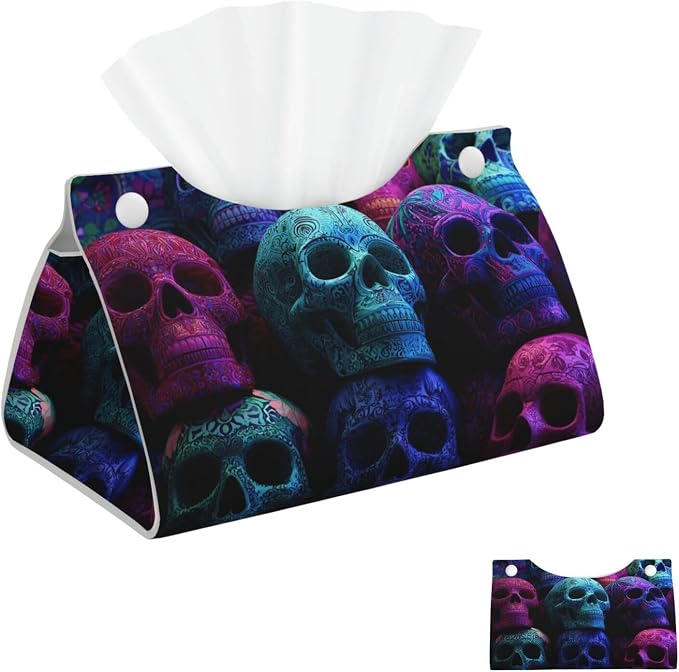 Tissue Box Cover PU Leather Rectangular Tissue Box Colorful Sugar Skulls Tissue Holder Napkin Dispenser Decorative Tissues Boxs Holder Paper Holder for Bathroom Office 7.9" L x 4.9" W x 4.5" H - skull toilet paper