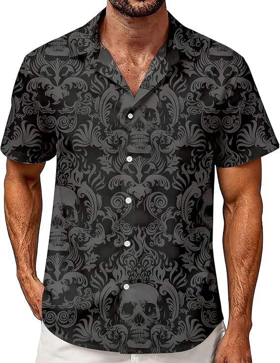 Hawaiian Shirt for Men Short Sleeve Button Down Tropical Holiday Beach Aloha Shirt - skull tshirt