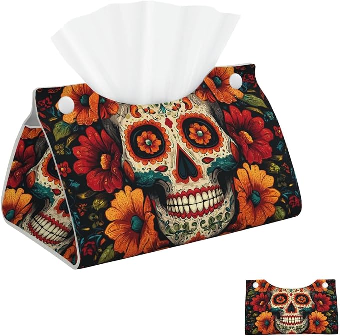 Tissue Box Cover PU Leather Rectangular Tissue Box Colorful Sugar Skull Tissue Holder Napkin Dispenser Decorative Tissues Boxs Holder Paper Holder for Bathroom Office 7.9" L x 4.9" W x 4.5" H - skull toilet paper
